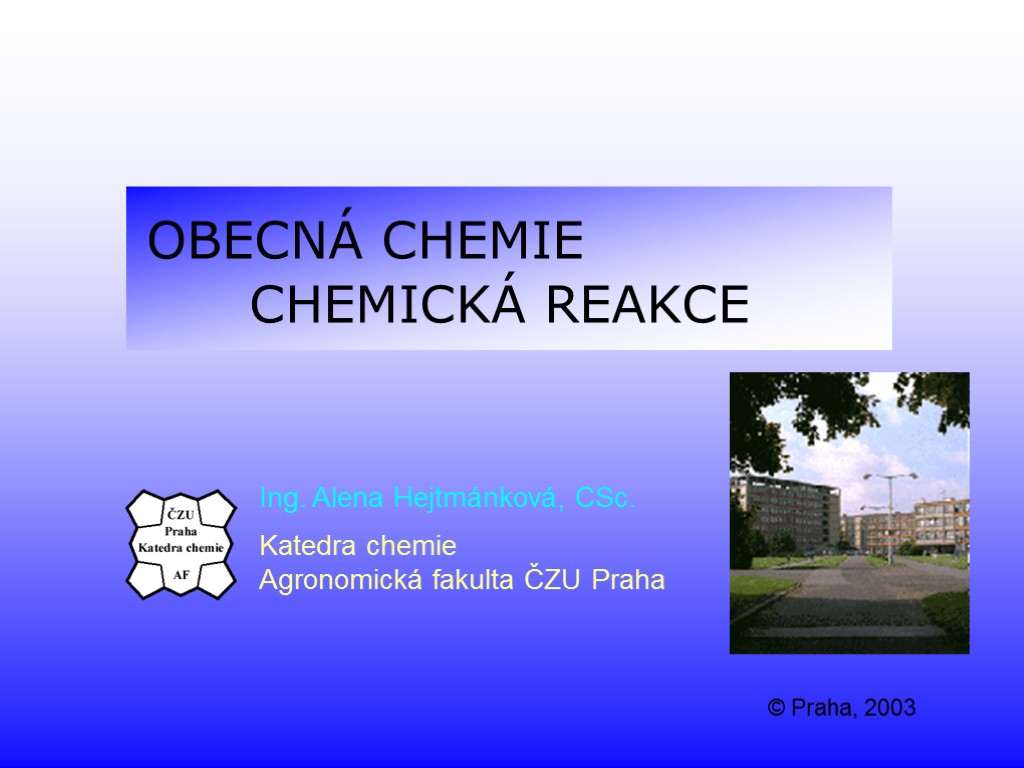 OBECNÁ CHEMIE CHEMICKÁ REAKCE Ing. Alena Hejtmánková, CSc. Katedra chemie Agronomická fakulta ČZU Praha